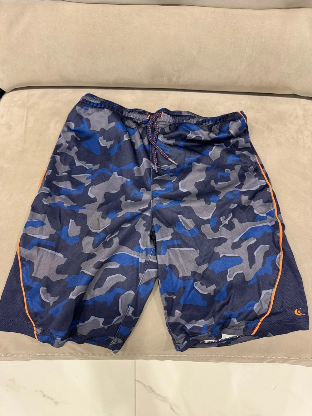 Kids Blue Camo Athletic Shorts with Orange Trim